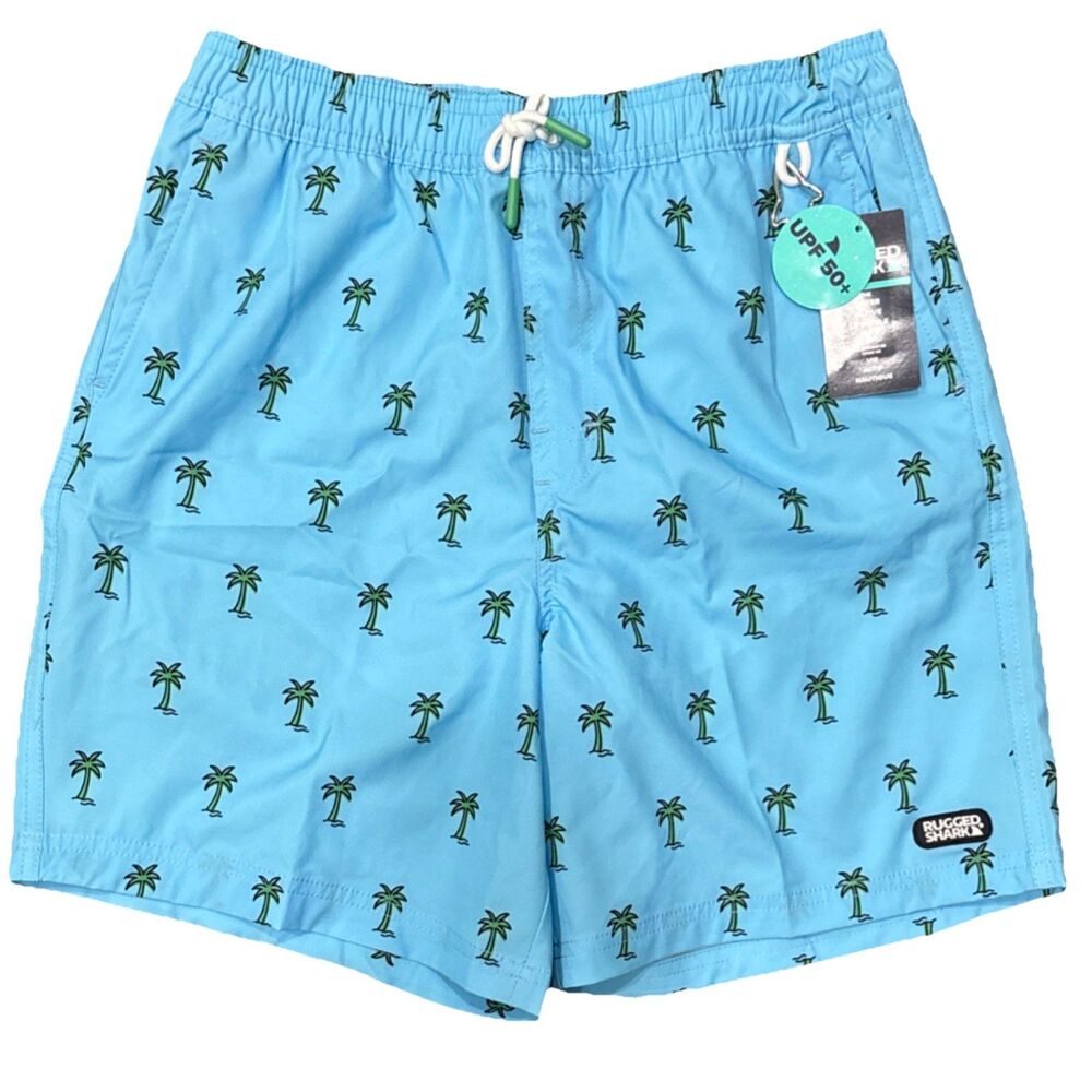 Rugged Shark Boys Swim Shorts Palm Tree Blue Size XL 14/16